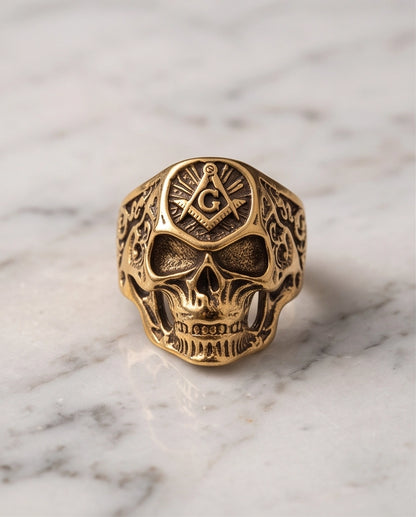 Masonic Square and Compass Anatomical Skull Gold Ring