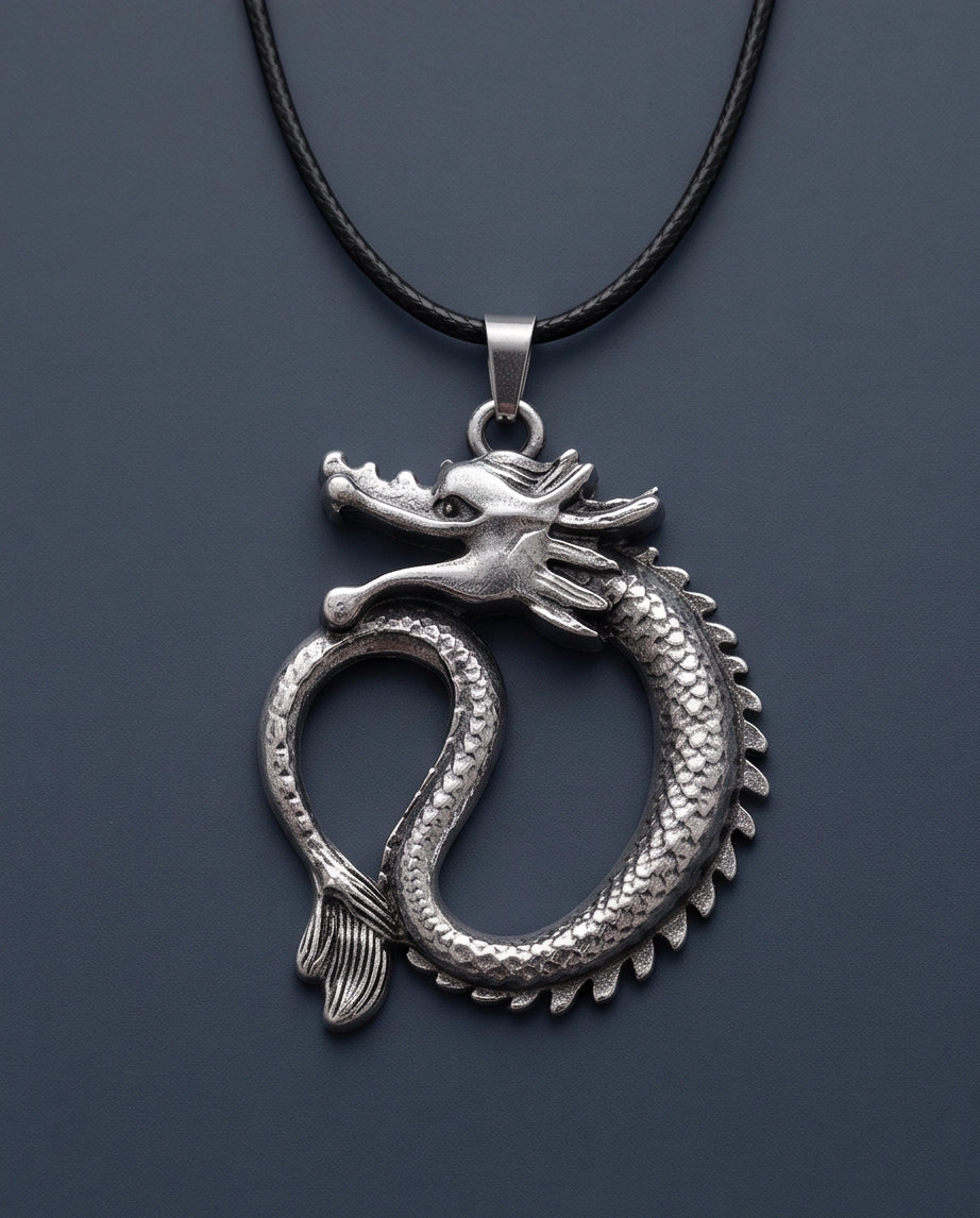 Silver Coiled Ouroboros Dragon Pendant Necklace