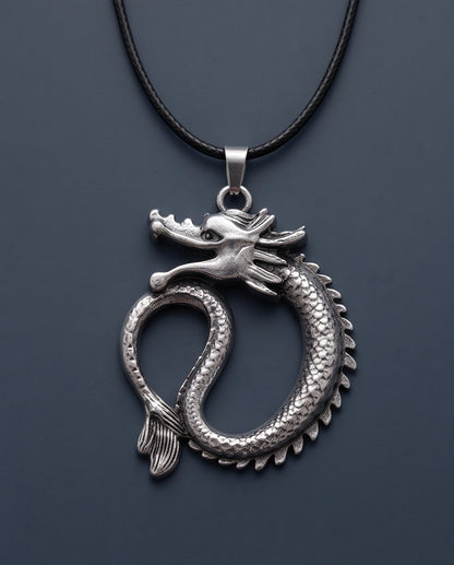 Silver Coiled Ouroboros Dragon Pendant Necklace