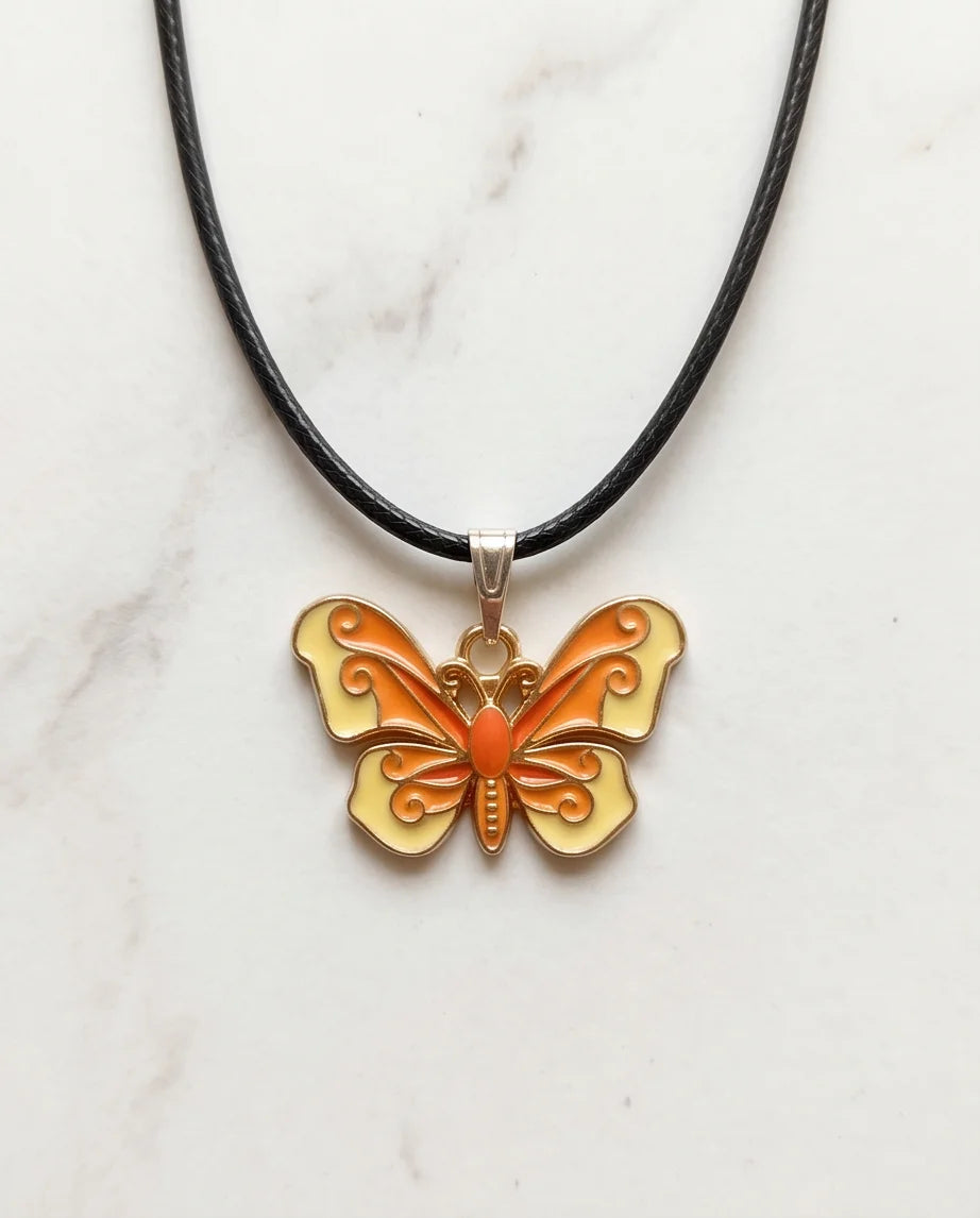Orange & Yellow Enamel Butterfly Pendant Necklace