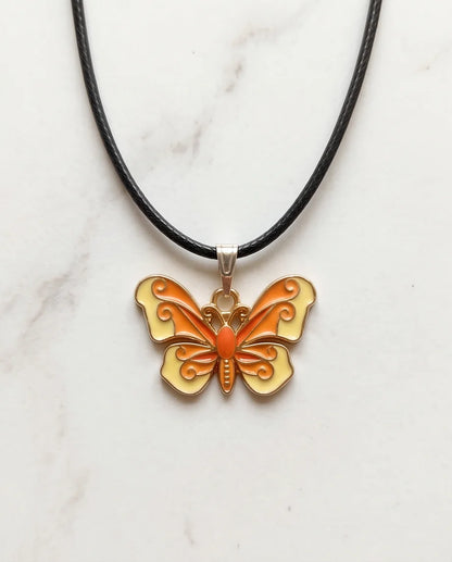 Orange & Yellow Enamel Butterfly Pendant Necklace