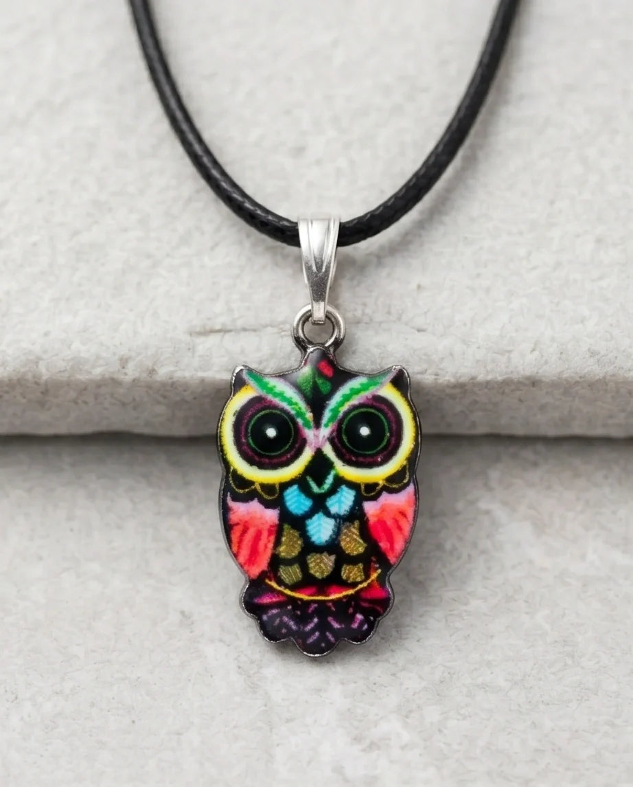 Artistic Multi-Color Mosaic Owl Totem Pendant Necklace