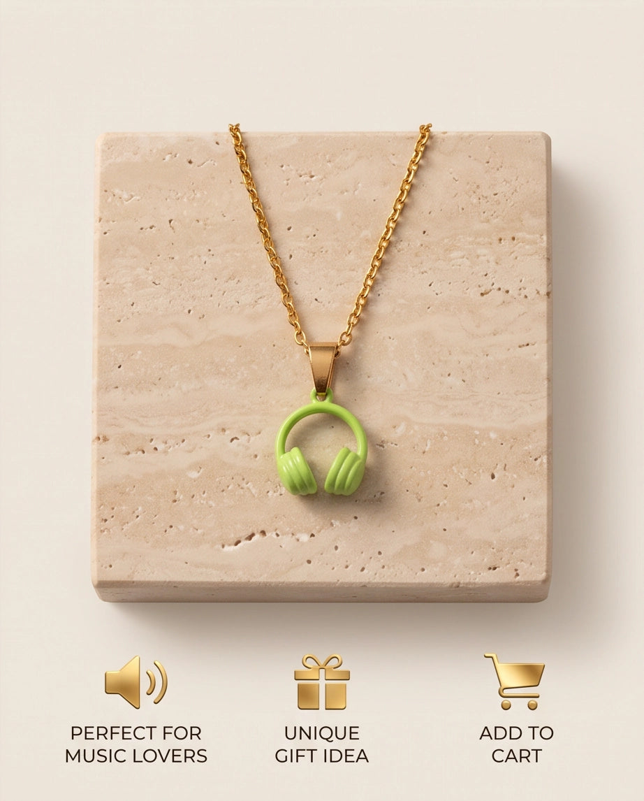 Lime Green Headphones Enamel Pendant Necklace