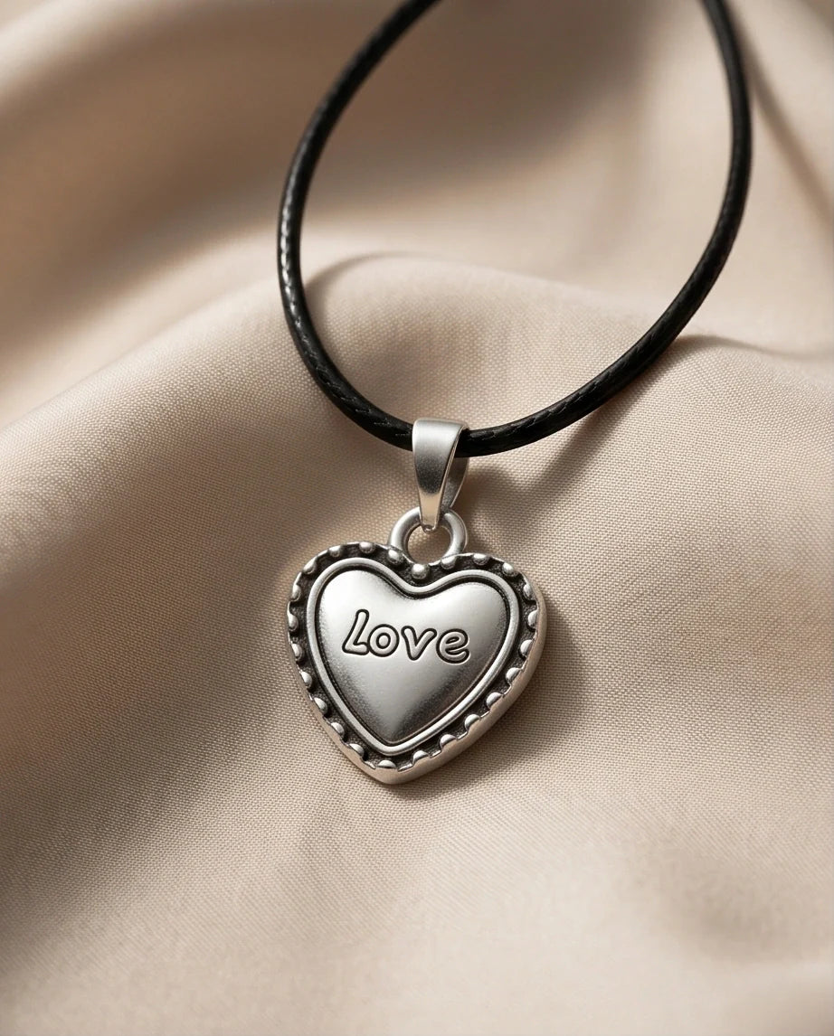 Silver Beaded Edge Love Heart Necklace