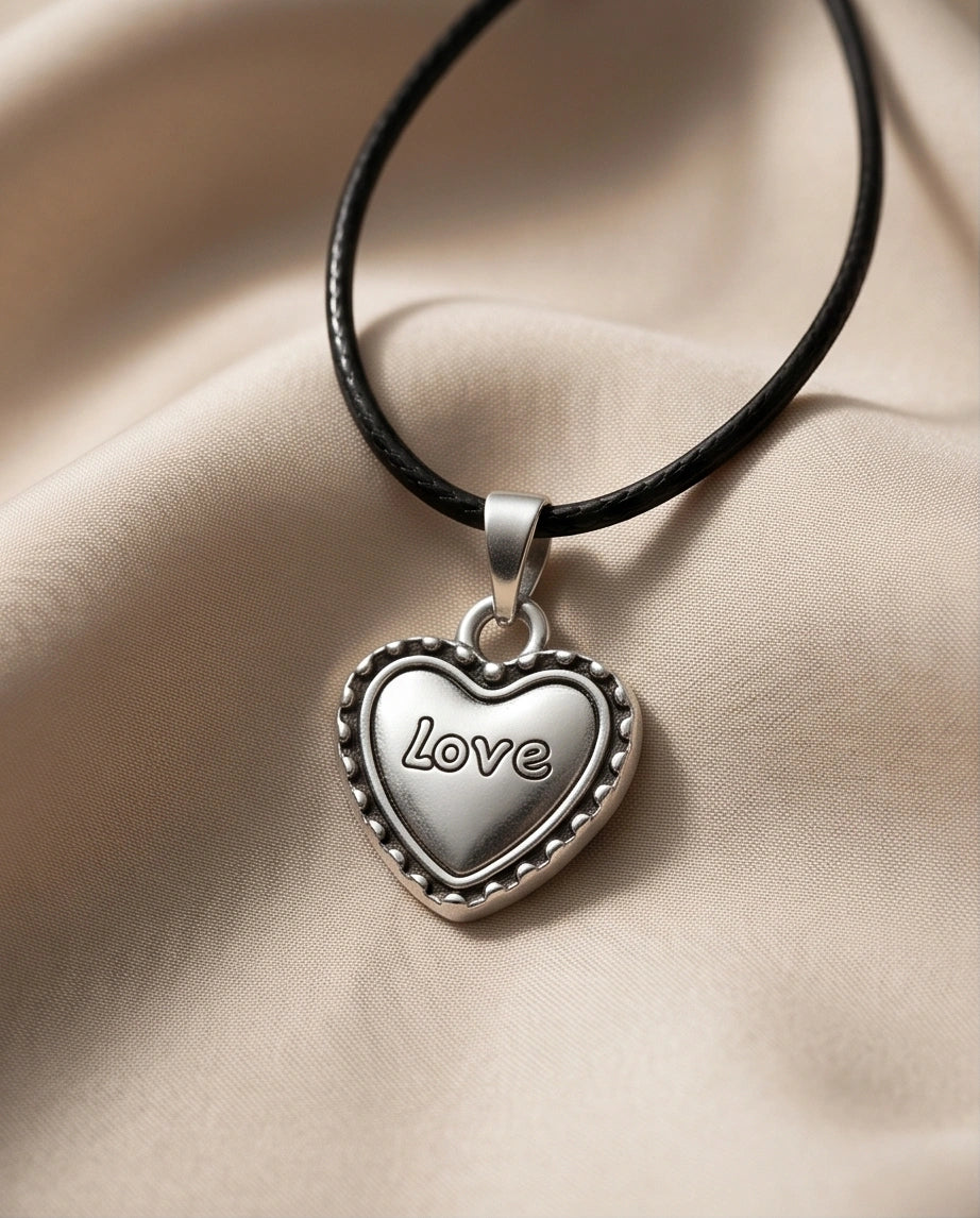 Silver Beaded Edge Love Heart Necklace