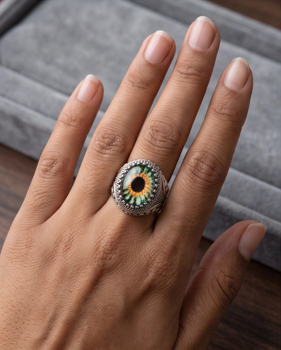 Hazel Ocular Beaded Medallion Silver Ring