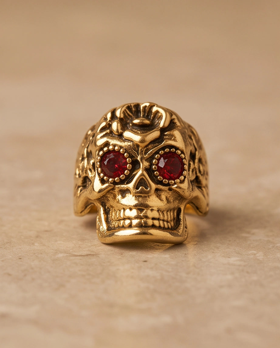 Ruby-Eyed Beaded Bezel Filigree Skull Gold Ring