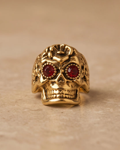 Ruby-Eyed Beaded Bezel Filigree Skull Gold Ring
