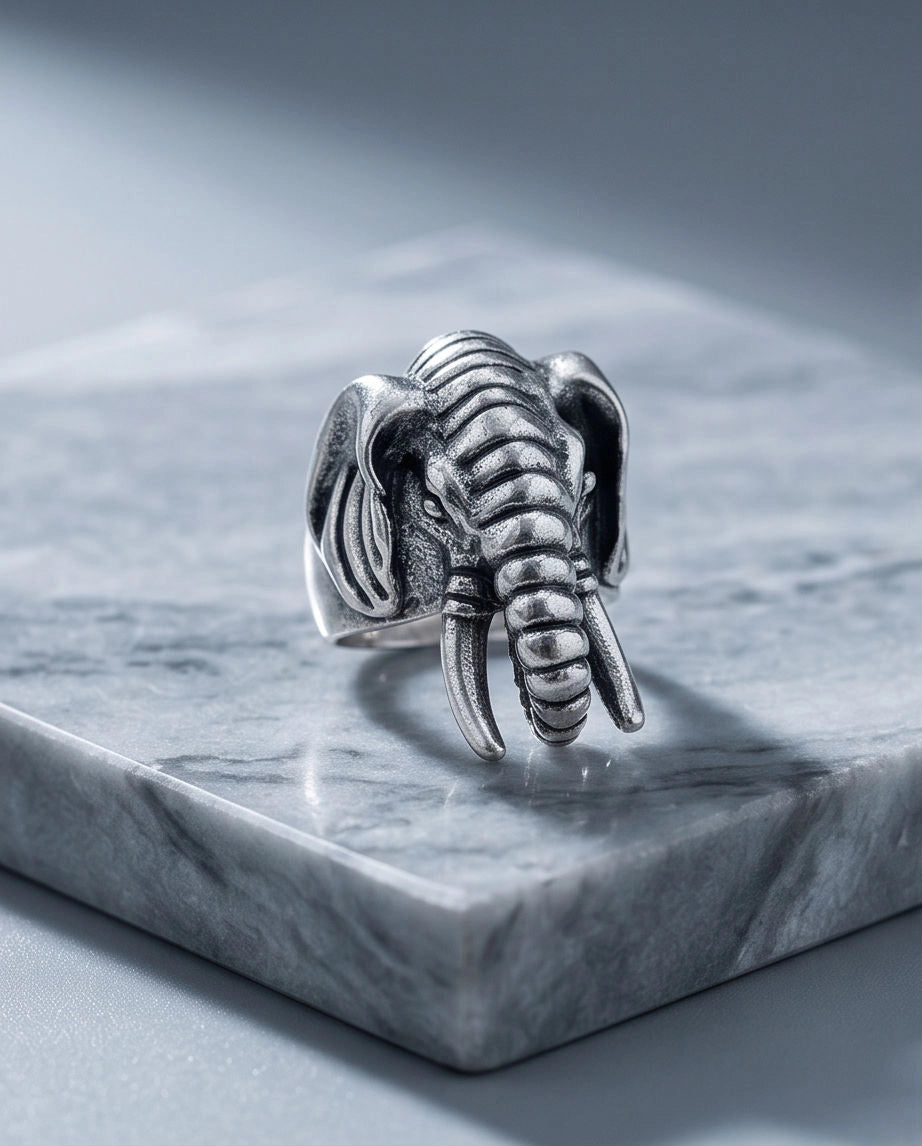 Oxidized Silver Sculpted Elephant Signet Ring