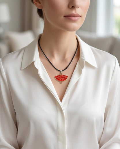 Crimson Calligraphy Fan Pendant Necklace