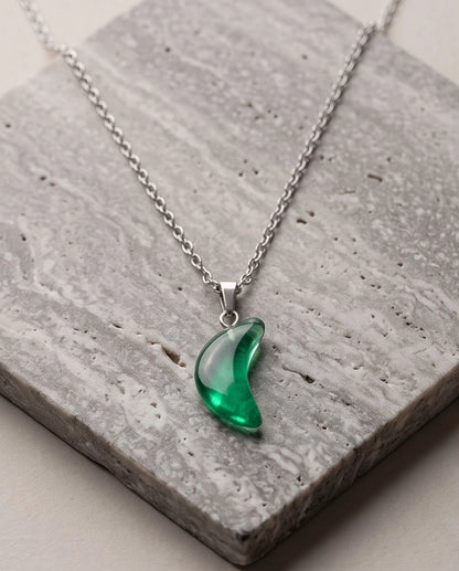 Silver Emerald Green Crescent Moon Pendant Necklace