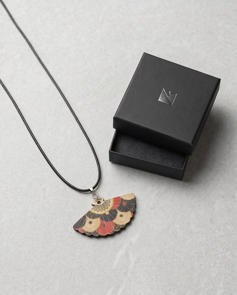 Vintage Geometric Kimono Hand-Fan Pendant Necklace