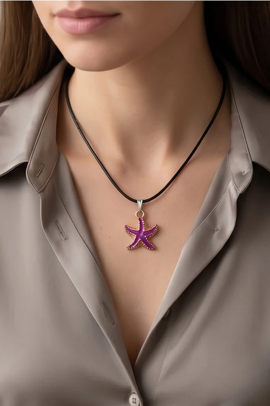 Textured Purple Starfish Enamel Pendant Necklace