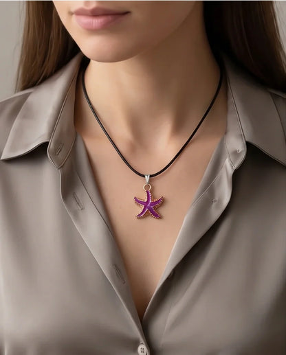 Textured Purple Starfish Enamel Pendant Necklace