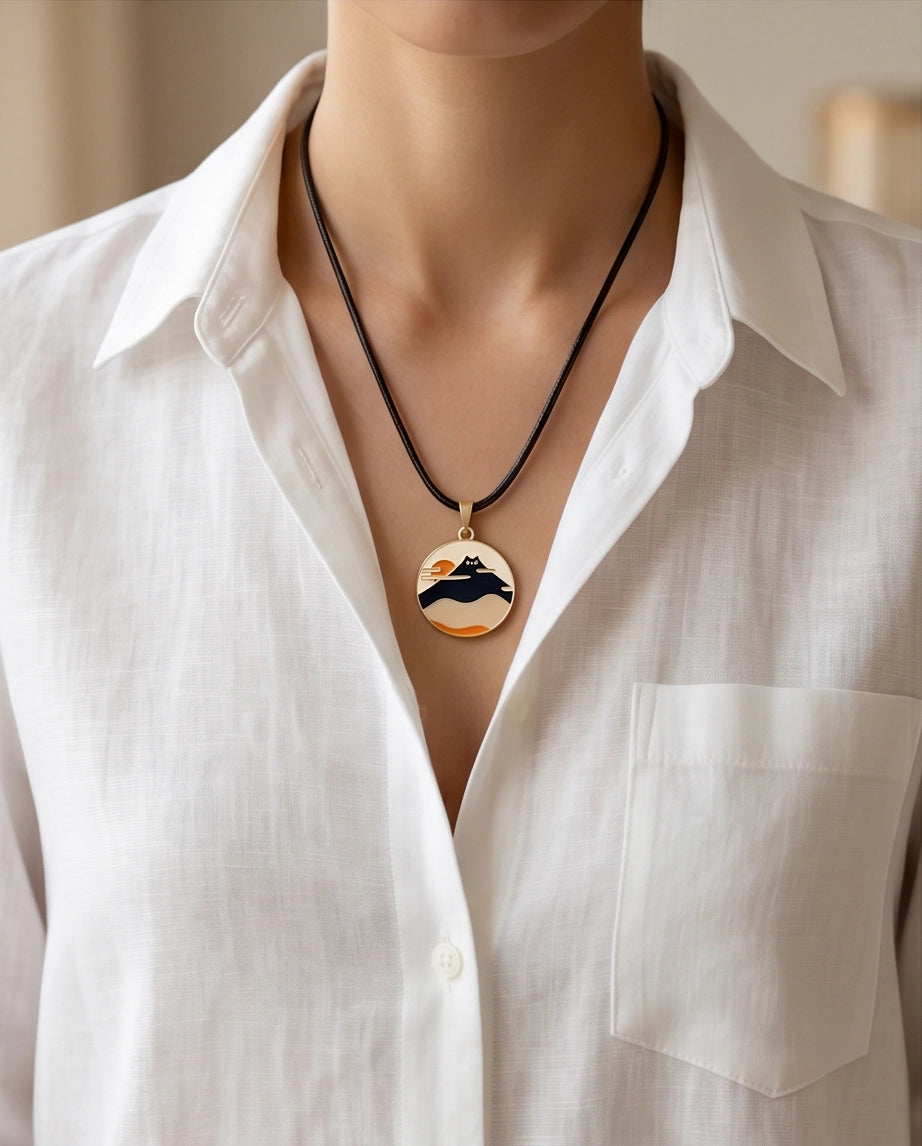 Japanese Mountain & Cat Enamel Pendant Necklace