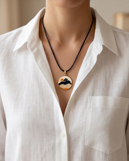 Japanese Mountain & Cat Enamel Pendant Necklace