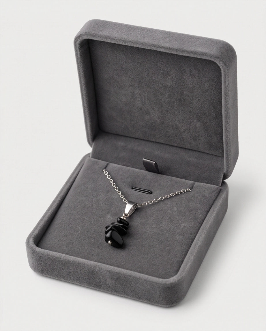 Silver Stacked Raw Black Obsidian Chip Stone Pendant Necklace