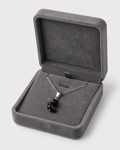 Silver Stacked Raw Black Obsidian Chip Stone Pendant Necklace