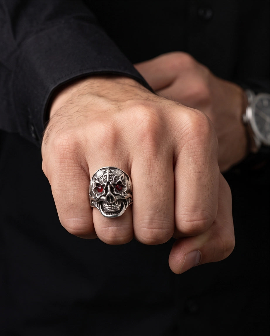 Ruby-Eyed Star-Eyed Gothic Cross Skull Silver Ring