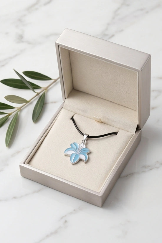 Serene Blue and White Lily Enamel Pendant Necklace