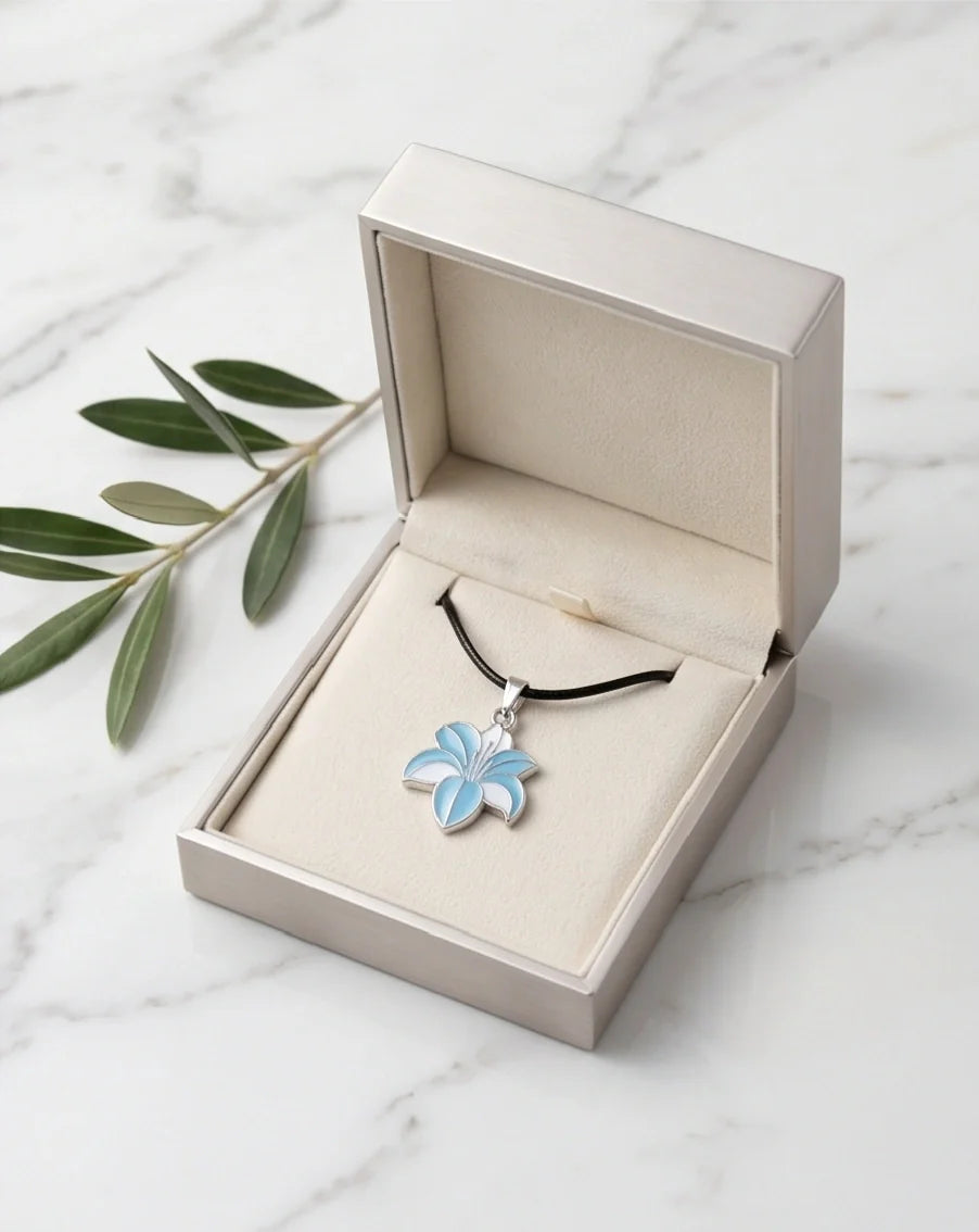 Serene Blue and White Lily Enamel Pendant Necklace