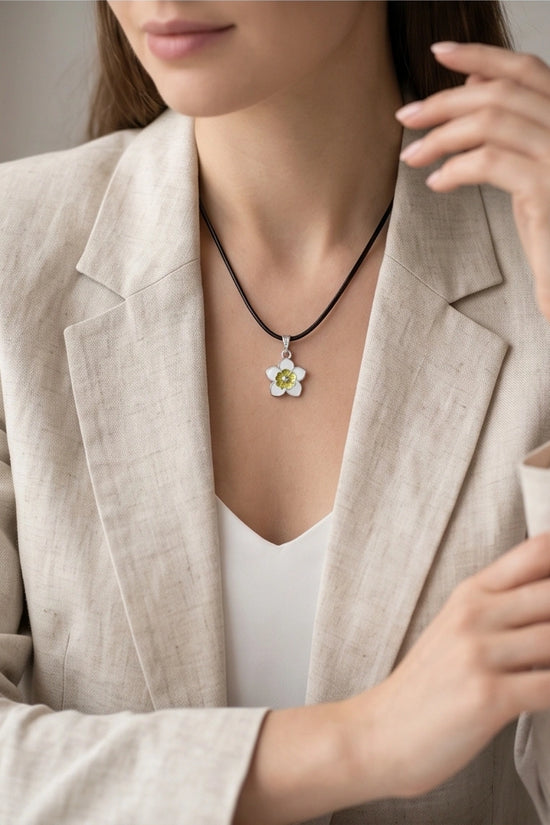 Charming White and Yellow Floral Enamel Pendant Necklace