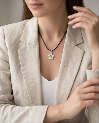 Charming White and Yellow Floral Enamel Pendant Necklace