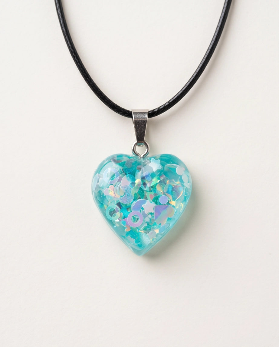 Silver Light Blue Glitter Heart Resin Pendant Necklace