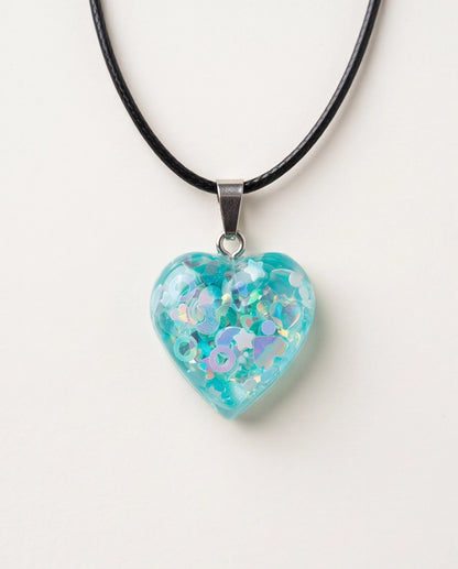 Silver Light Blue Glitter Heart Resin Pendant Necklace