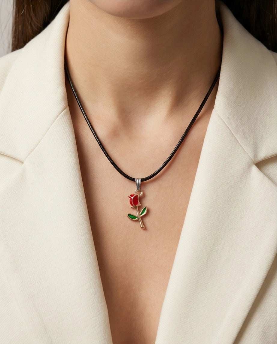 Gold and Red Rose Pendant Necklace