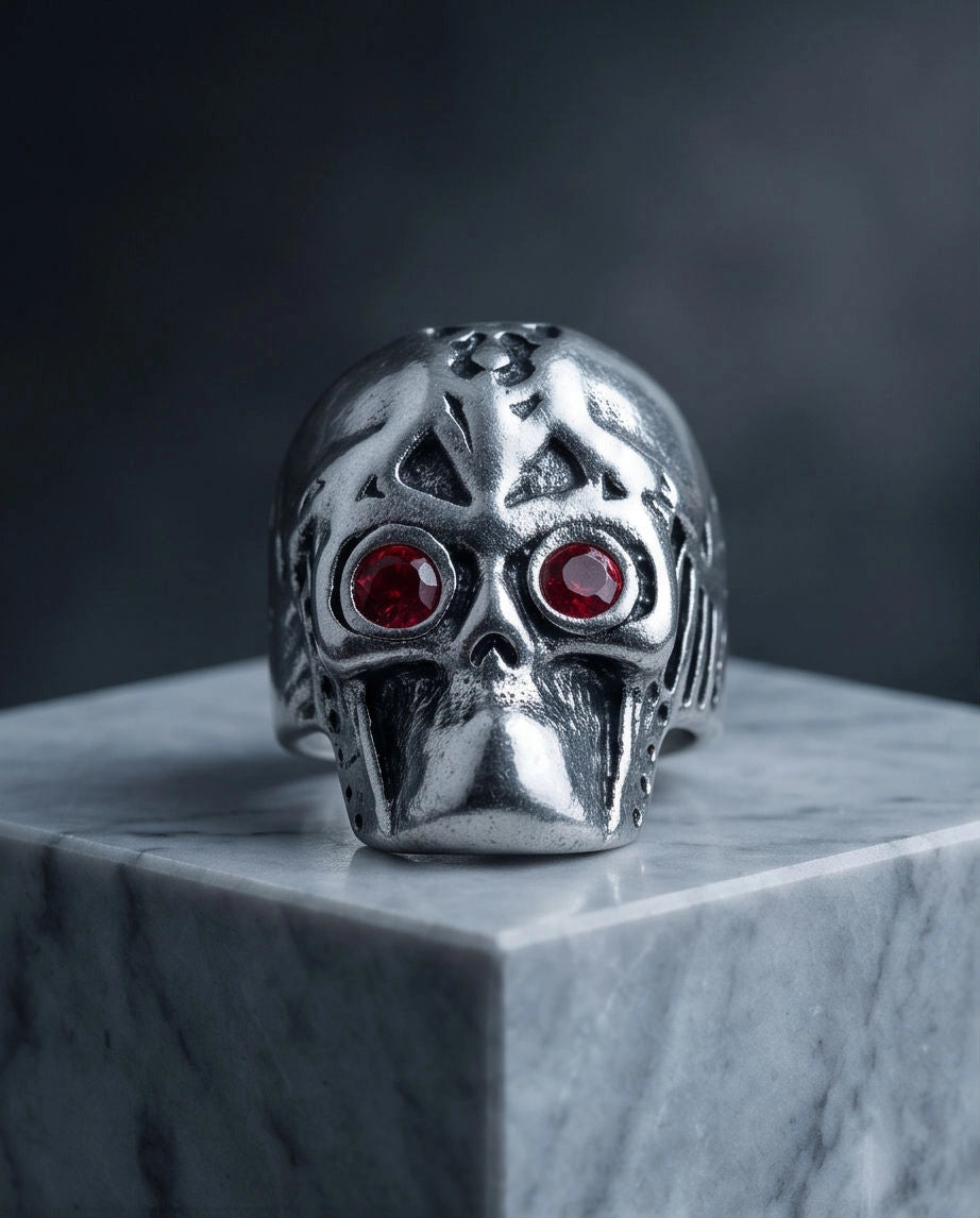 Ruby-Eyed Mechanical Mask Skull Ring