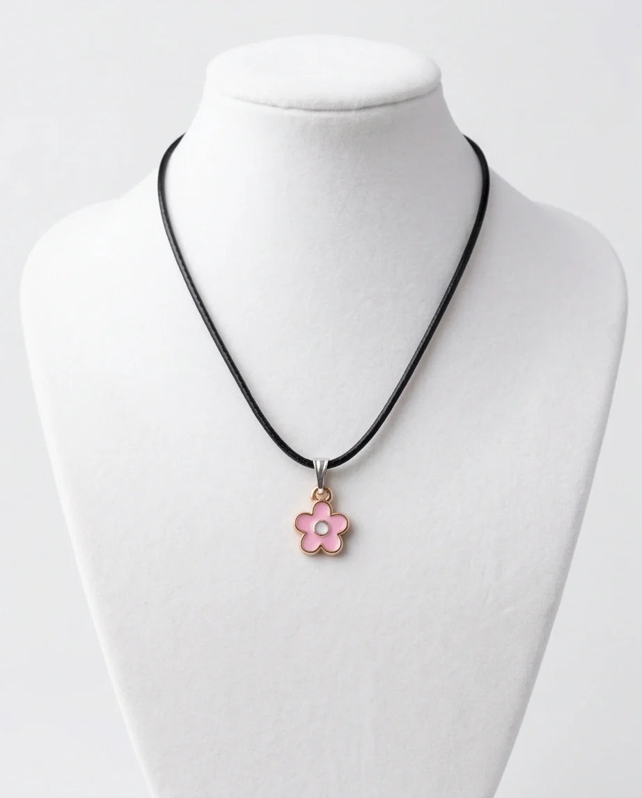 Dainty Pink Five-Petal Flower Enamel Pendant Necklace