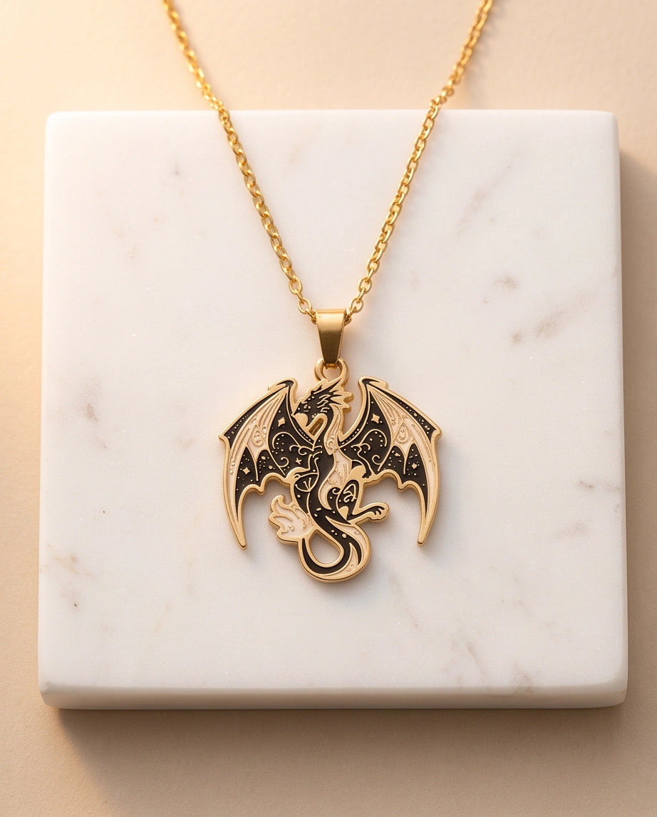 Gold Celestial Dragon Black & White Enamel Pendant Necklace