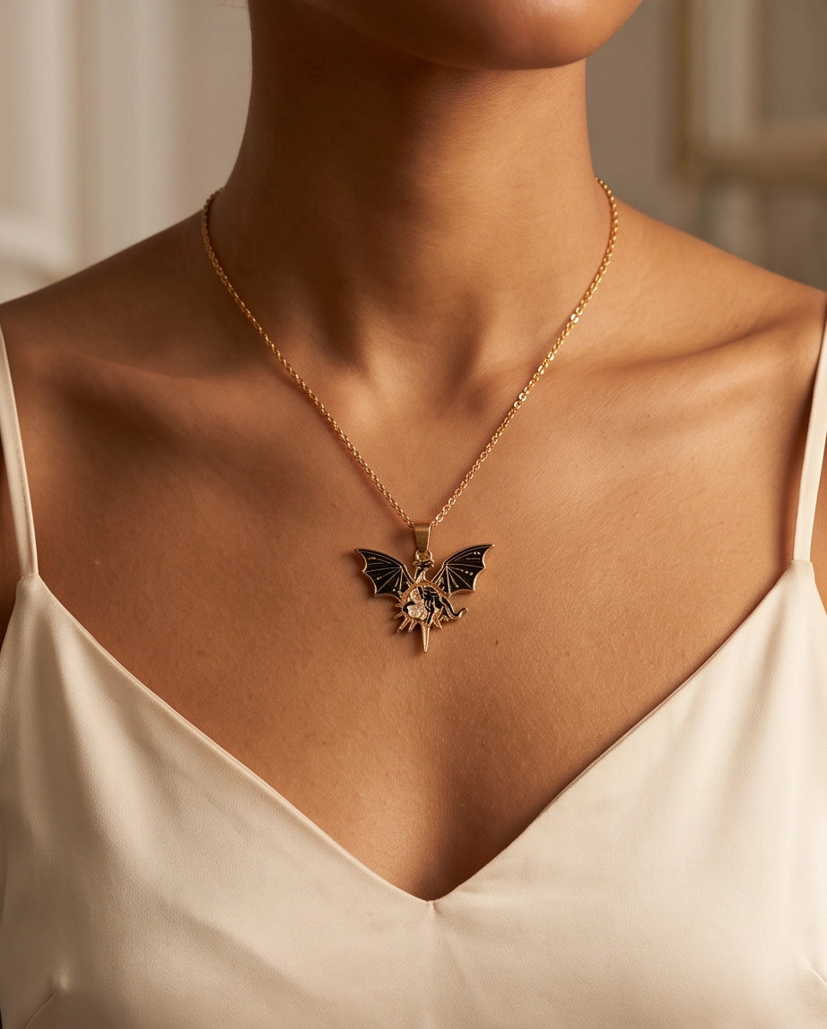 Gold Celestial Winged Dragon Enamel Pendant Necklace