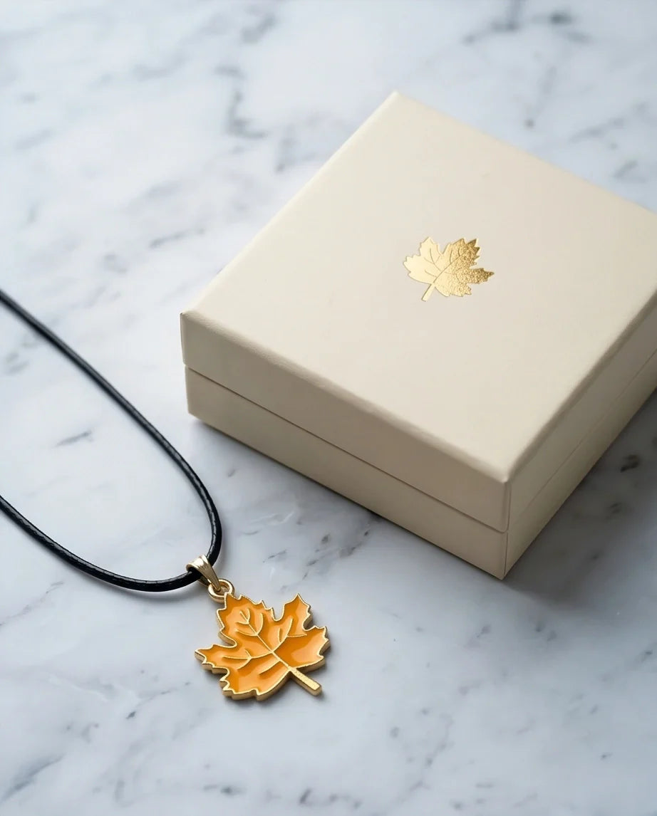 Golden Autumn Maple Leaf Enamel Pendant Necklace