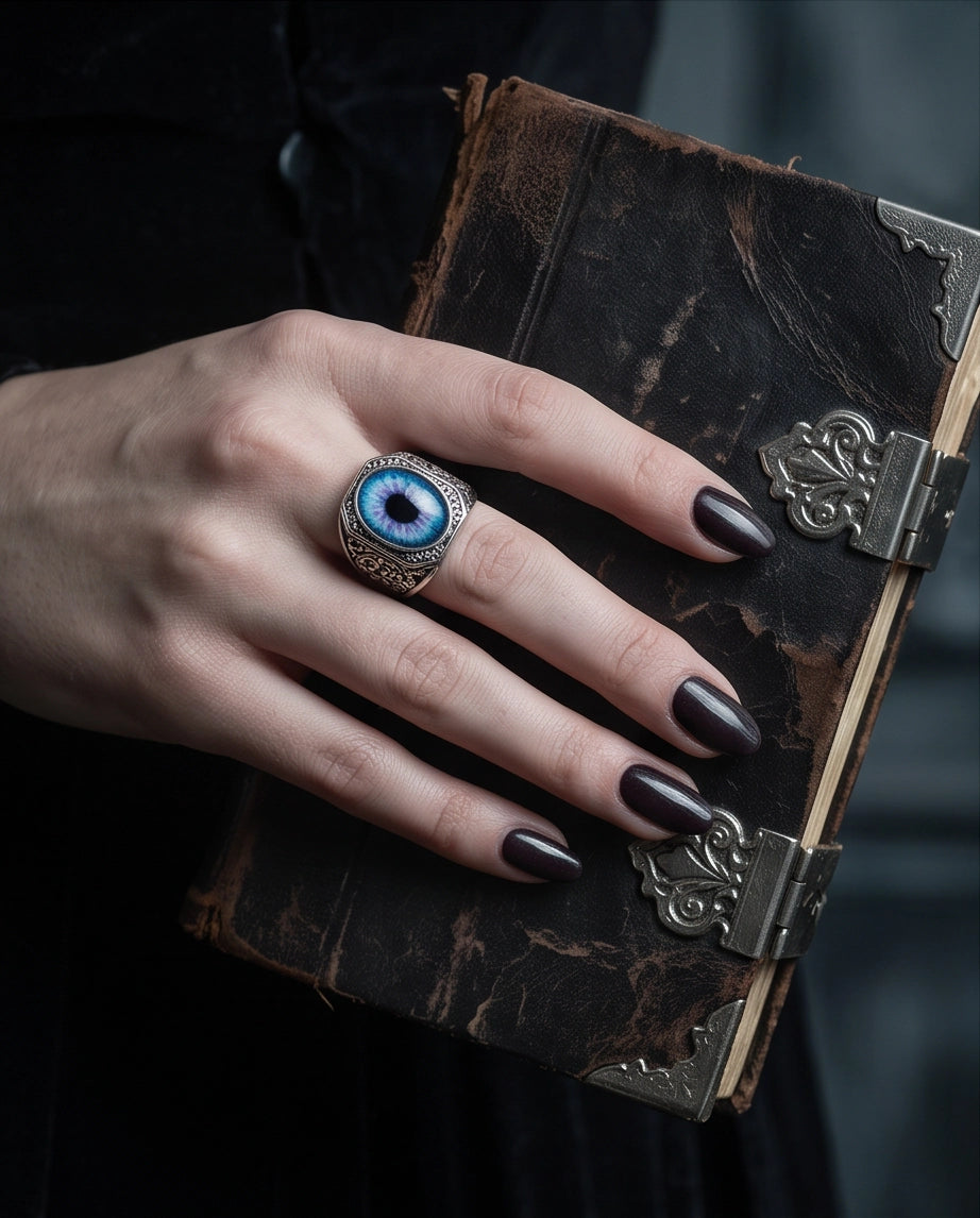 Nebula Blue-Purple Evil Eye Cabochon Gothic Filigree Silver Ring