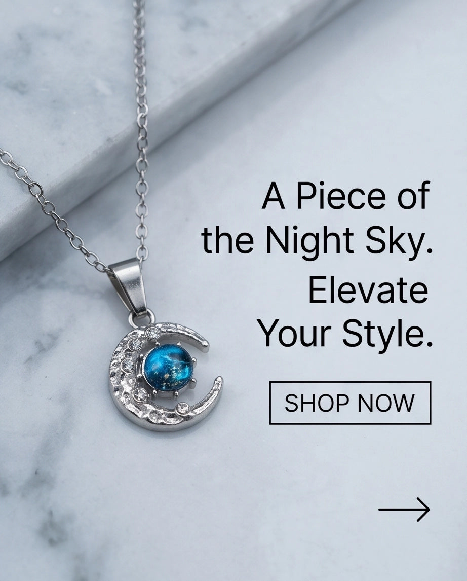 Silver Hammered Crescent Moon Galaxy Stone Pendant Necklace