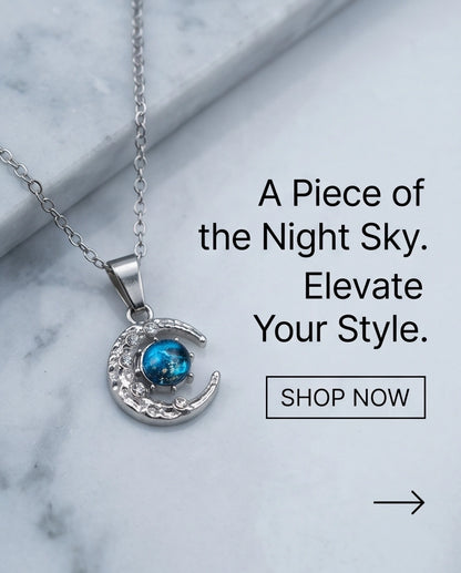 Silver Hammered Crescent Moon Galaxy Stone Pendant Necklace
