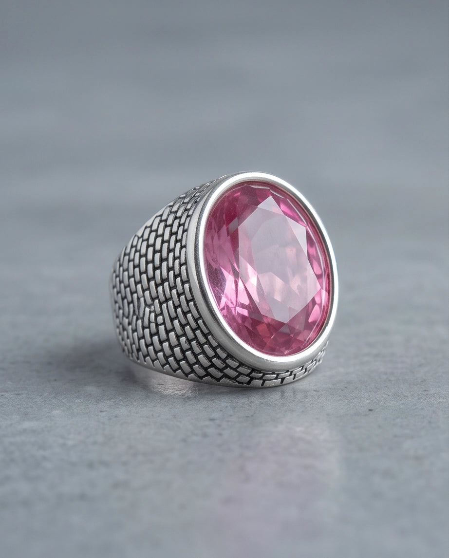 Rose Pink Oval-Cut Gemsonde Brick-Link Silver Ring