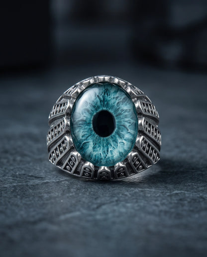Teal-Grey Evil Eye Cabochon Architectural Bezel Silver Ring