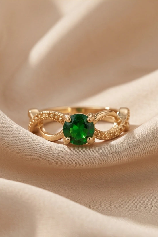 14K Gold Emerald Round Infinity Twist Ring