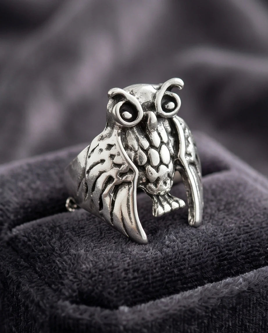 Vintage Silver Oxidized Owl Wisdom Statement Ring