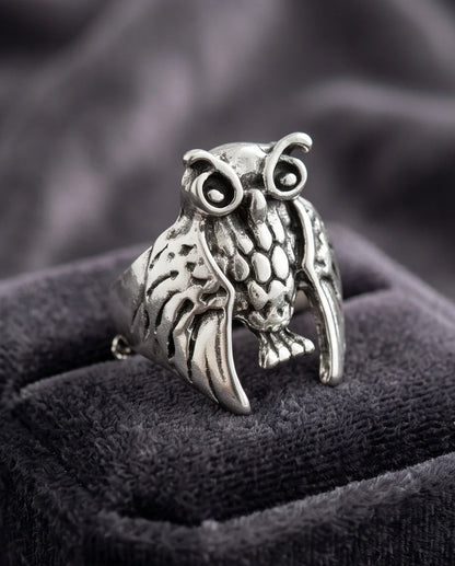 Vintage Silver Oxidized Owl Wisdom Statement Ring