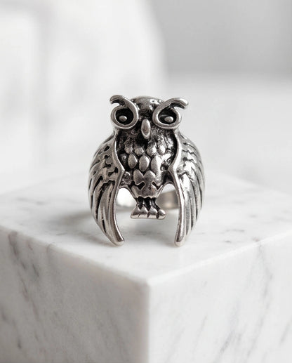 Oxidized Silver Sculpted Owl Statement Ring