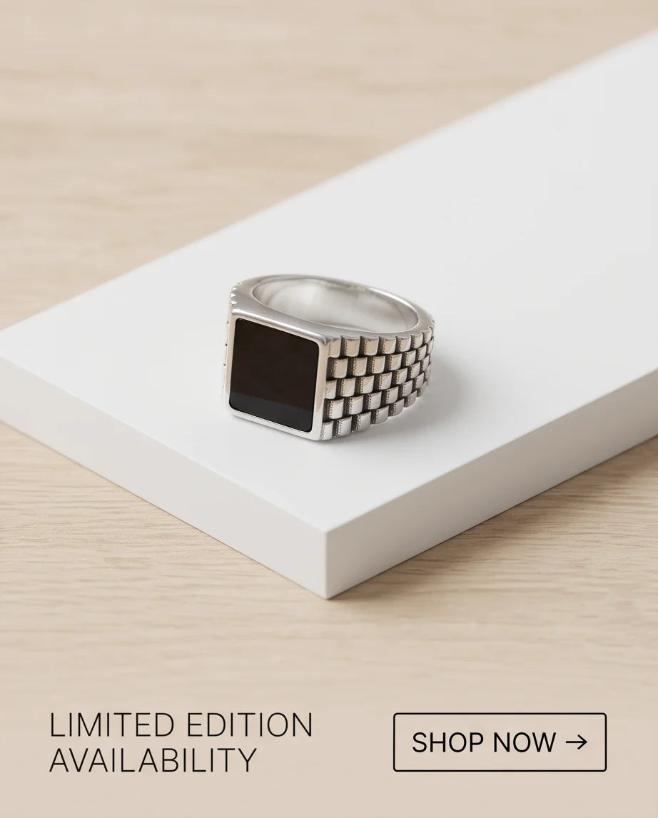 Onyx-Style Square Inlay Brick-Link Band Silver Ring