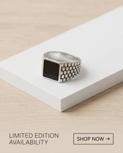 Onyx-Style Square Inlay Brick-Link Band Silver Ring