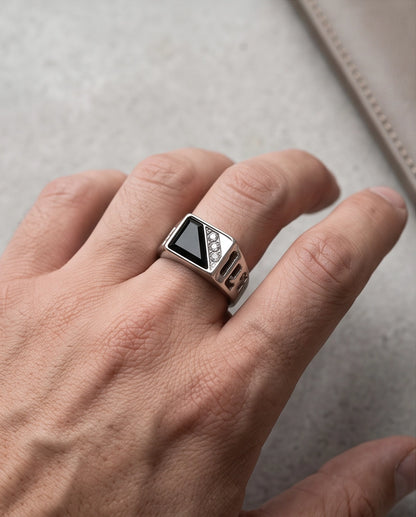 Onyx Inlay & Pavé Diagonal Split Signet Silver Ring