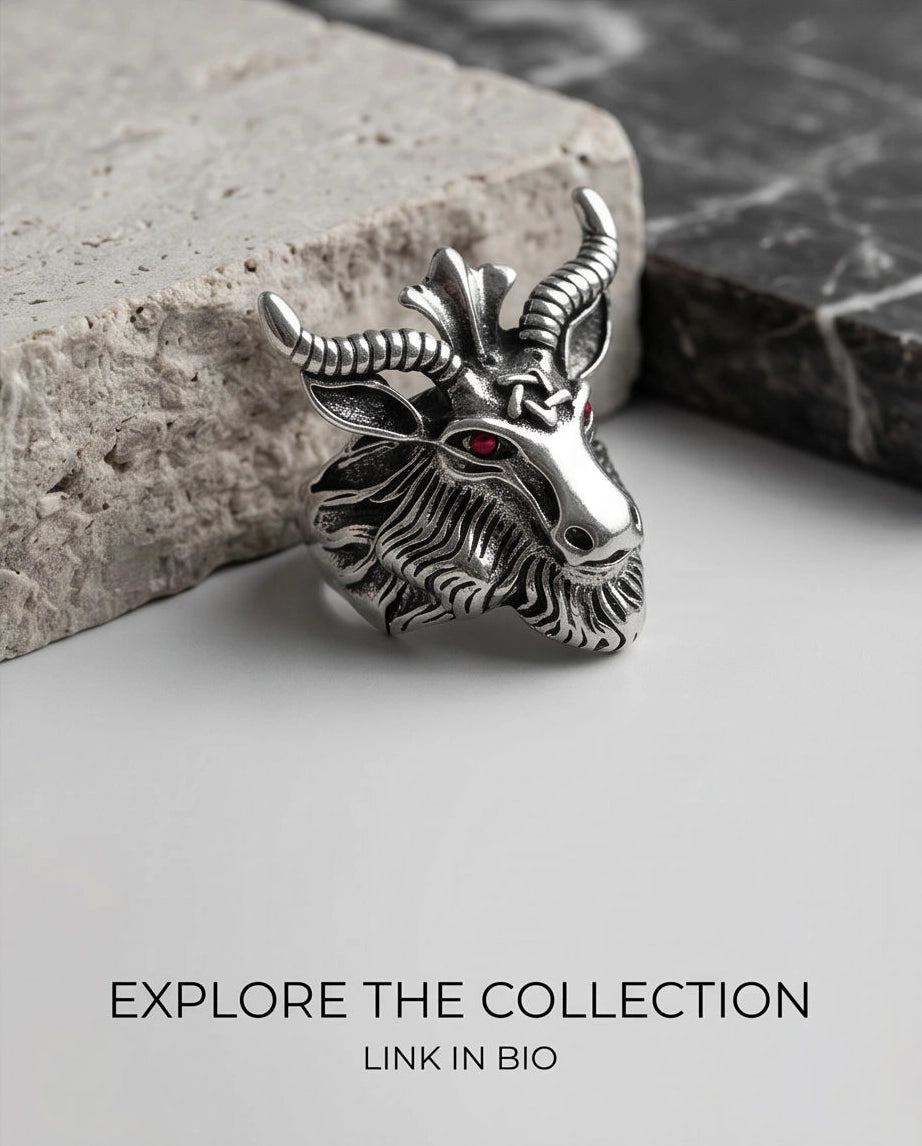 Red-Eyed Sculpted Baphomet Ram Ring