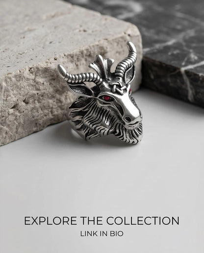 Red-Eyed Sculpted Baphomet Ram Ring