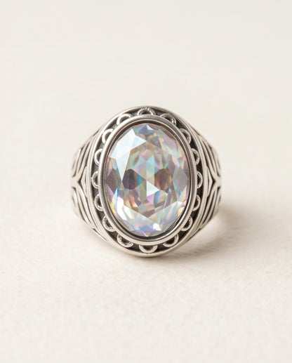 Mystic Rainbow Iridescent Oval-Cut Gemstone Ornate Bezel Silver Ring